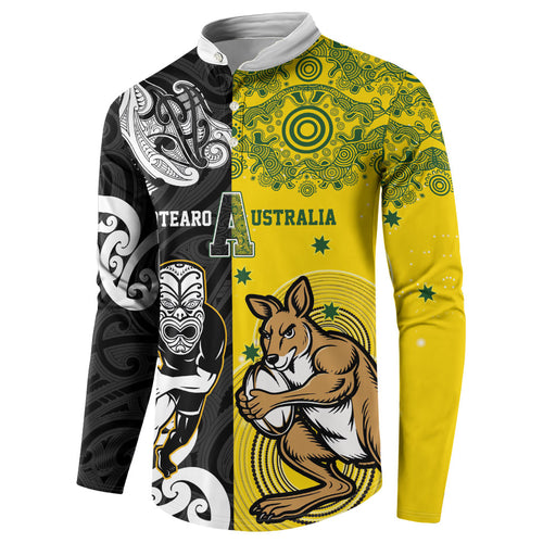 Aotearoa New Zealand and Australia Rugby Personalized Button Sweatshirt Maori Koru and Aboriginal Dot Art Cultural Heritage