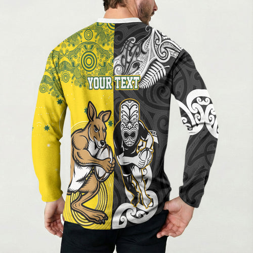 Aotearoa New Zealand and Australia Rugby Personalized Button Sweatshirt Maori Koru and Aboriginal Dot Art Cultural Heritage