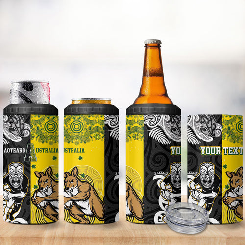 Aotearoa New Zealand and Australia Rugby Personalized 4 in 1 Can Cooler Tumbler Maori Koru and Aboriginal Dot Art Cultural Heritage