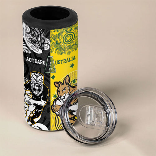 Aotearoa New Zealand and Australia Rugby Personalized 4 in 1 Can Cooler Tumbler Maori Koru and Aboriginal Dot Art Cultural Heritage