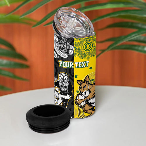 Aotearoa New Zealand and Australia Rugby Personalized 4 in 1 Can Cooler Tumbler Maori Koru and Aboriginal Dot Art Cultural Heritage