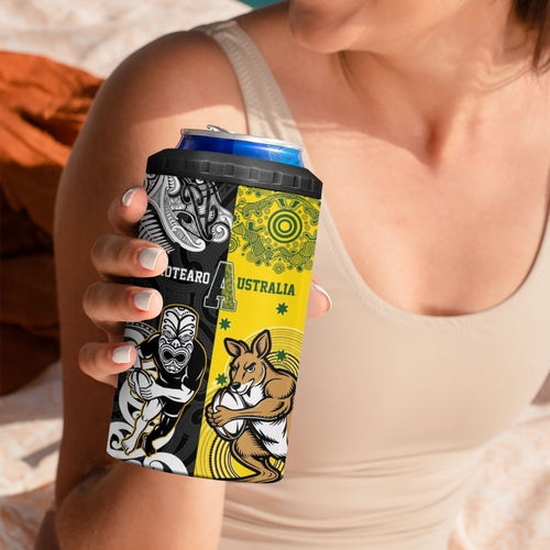 Aotearoa New Zealand and Australia Rugby Personalized 4 in 1 Can Cooler Tumbler Maori Koru and Aboriginal Dot Art Cultural Heritage