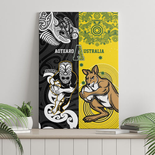 Aotearoa New Zealand and Australia Rugby Canvas Wall Art Maori Koru and Aboriginal Dot Art Cultural Heritage