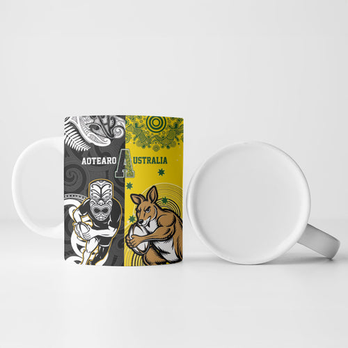 Aotearoa New Zealand and Australia Rugby Personalized Ceramic Mug Maori Koru and Aboriginal Dot Art Cultural Heritage