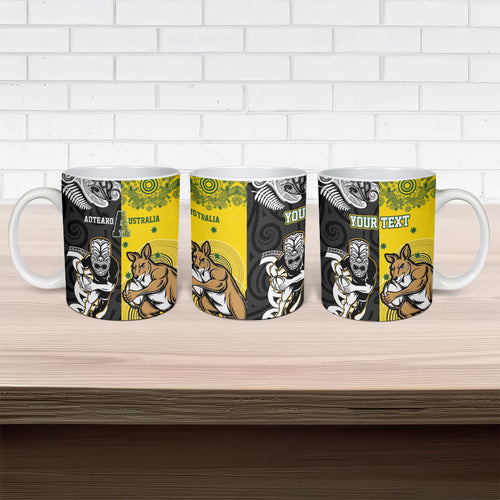 Aotearoa New Zealand and Australia Rugby Personalized Ceramic Mug Maori Koru and Aboriginal Dot Art Cultural Heritage