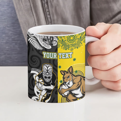 Aotearoa New Zealand and Australia Rugby Personalized Ceramic Mug Maori Koru and Aboriginal Dot Art Cultural Heritage