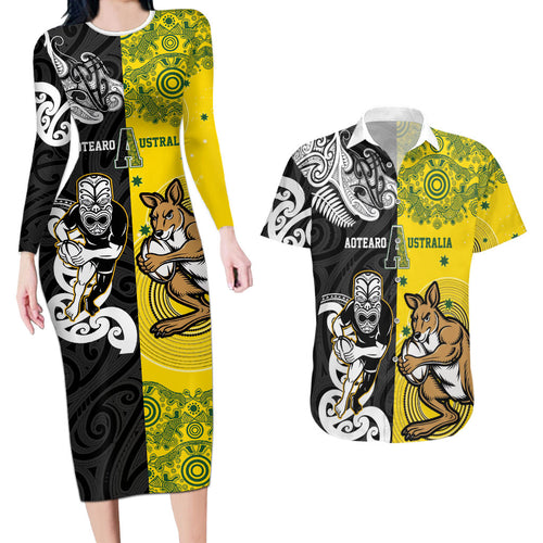 Aotearoa New Zealand and Australia Rugby Personalized Couples Matching Long Sleeve Bodycon Dress and Hawaiian Shirt Maori Koru and Aboriginal Dot Art Cultural Heritage