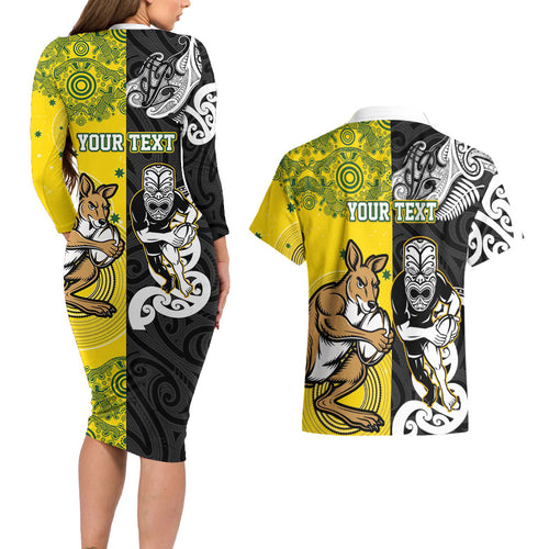 Aotearoa New Zealand and Australia Rugby Personalized Couples Matching Long Sleeve Bodycon Dress and Hawaiian Shirt Maori Koru and Aboriginal Dot Art Cultural Heritage