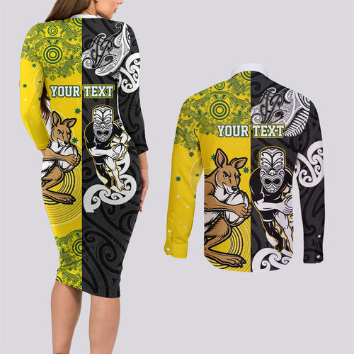Aotearoa New Zealand and Australia Rugby Personalized Couples Matching Long Sleeve Bodycon Dress and Long Sleeve Button Shirt Maori Koru and Aboriginal Dot Art Cultural Heritage