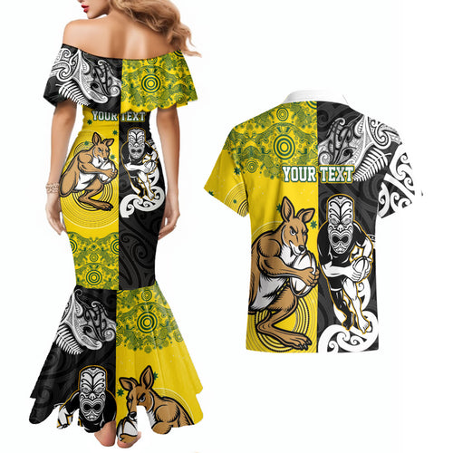 Aotearoa New Zealand and Australia Rugby Personalized Couples Matching Mermaid Dress and Hawaiian Shirt Maori Koru and Aboriginal Dot Art Cultural Heritage