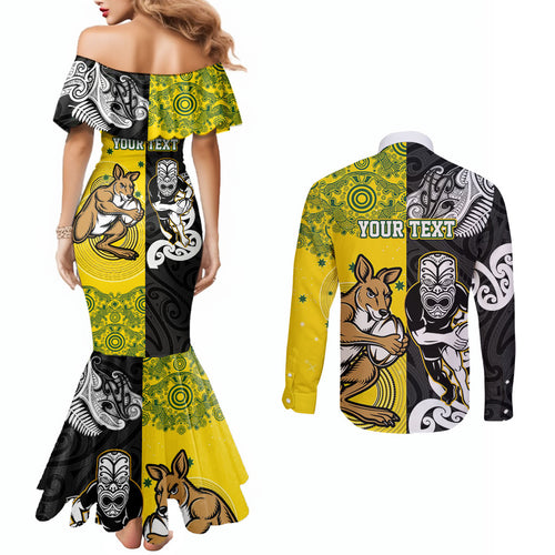 Aotearoa New Zealand and Australia Rugby Personalized Couples Matching Mermaid Dress and Long Sleeve Button Shirt Maori Koru and Aboriginal Dot Art Cultural Heritage