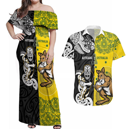 Aotearoa New Zealand and Australia Rugby Personalized Couples Matching Off Shoulder Maxi Dress and Hawaiian Shirt Maori Koru and Aboriginal Dot Art Cultural Heritage