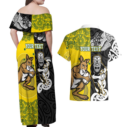 Aotearoa New Zealand and Australia Rugby Personalized Couples Matching Off Shoulder Maxi Dress and Hawaiian Shirt Maori Koru and Aboriginal Dot Art Cultural Heritage