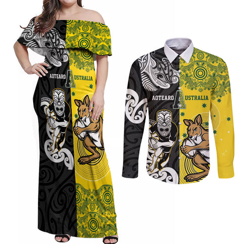Aotearoa New Zealand and Australia Rugby Personalized Couples Matching Off Shoulder Maxi Dress and Long Sleeve Button Shirt Maori Koru and Aboriginal Dot Art Cultural Heritage