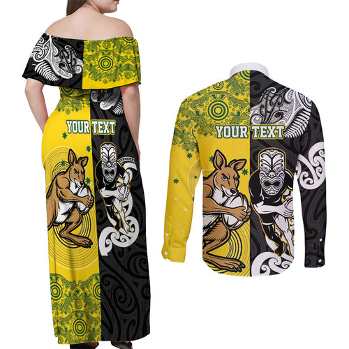 Aotearoa New Zealand and Australia Rugby Personalized Couples Matching Off Shoulder Maxi Dress and Long Sleeve Button Shirt Maori Koru and Aboriginal Dot Art Cultural Heritage
