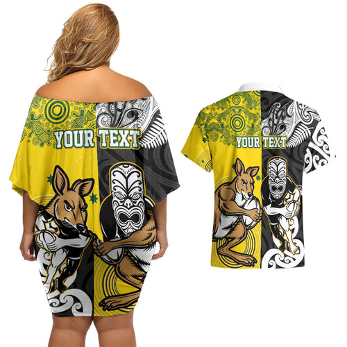 Aotearoa New Zealand and Australia Rugby Personalized Couples Matching Off Shoulder Short Dress and Hawaiian Shirt Maori Koru and Aboriginal Dot Art Cultural Heritage