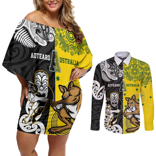 Aotearoa New Zealand and Australia Rugby Personalized Couples Matching Off Shoulder Short Dress and Long Sleeve Button Shirt Maori Koru and Aboriginal Dot Art Cultural Heritage