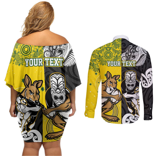 Aotearoa New Zealand and Australia Rugby Personalized Couples Matching Off Shoulder Short Dress and Long Sleeve Button Shirt Maori Koru and Aboriginal Dot Art Cultural Heritage