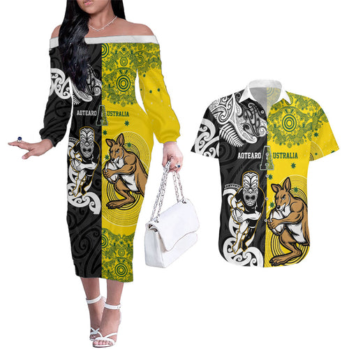 Aotearoa New Zealand and Australia Rugby Personalized Couples Matching Off The Shoulder Long Sleeve Dress and Hawaiian Shirt Maori Koru and Aboriginal Dot Art Cultural Heritage
