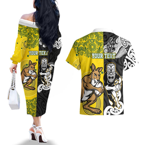 Aotearoa New Zealand and Australia Rugby Personalized Couples Matching Off The Shoulder Long Sleeve Dress and Hawaiian Shirt Maori Koru and Aboriginal Dot Art Cultural Heritage