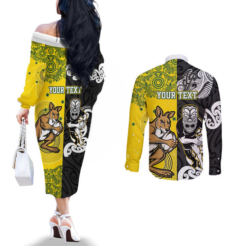 Aotearoa New Zealand and Australia Rugby Personalized Couples Matching Off The Shoulder Long Sleeve Dress and Long Sleeve Button Shirt Maori Koru and Aboriginal Dot Art Cultural Heritage