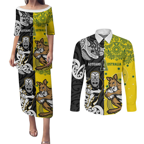 Aotearoa New Zealand and Australia Rugby Personalized Couples Matching Puletasi and Long Sleeve Button Shirt Maori Koru and Aboriginal Dot Art Cultural Heritage