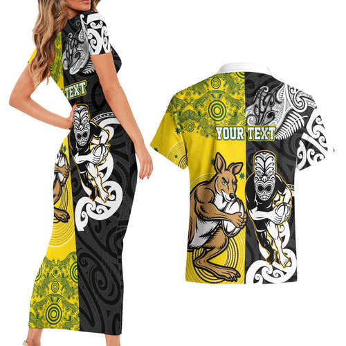 Aotearoa New Zealand and Australia Rugby Personalized Couples Matching Short Sleeve Bodycon Dress and Hawaiian Shirt Maori Koru and Aboriginal Dot Art Cultural Heritage