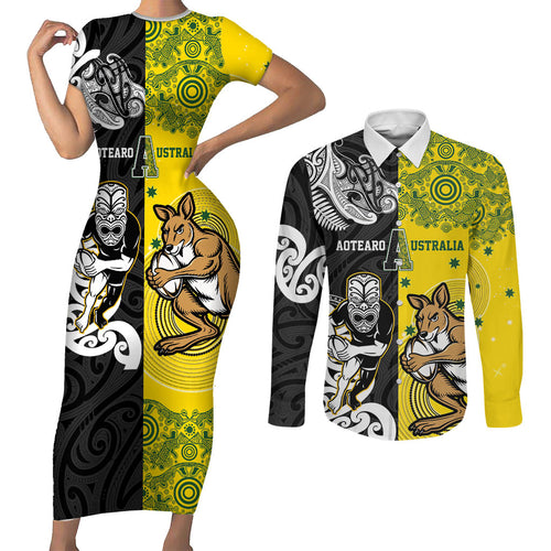 Aotearoa New Zealand and Australia Rugby Personalized Couples Matching Short Sleeve Bodycon Dress and Long Sleeve Button Shirt Maori Koru and Aboriginal Dot Art Cultural Heritage