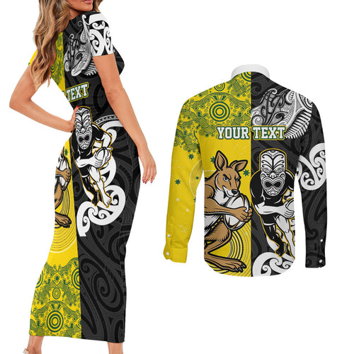 Aotearoa New Zealand and Australia Rugby Personalized Couples Matching Short Sleeve Bodycon Dress and Long Sleeve Button Shirt Maori Koru and Aboriginal Dot Art Cultural Heritage