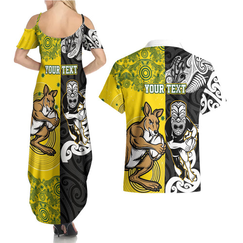 Aotearoa New Zealand and Australia Rugby Personalized Couples Matching Summer Maxi Dress and Hawaiian Shirt Maori Koru and Aboriginal Dot Art Cultural Heritage