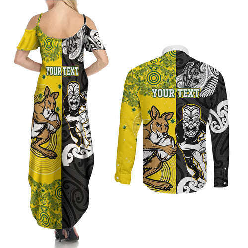 Aotearoa New Zealand and Australia Rugby Personalized Couples Matching Summer Maxi Dress and Long Sleeve Button Shirt Maori Koru and Aboriginal Dot Art Cultural Heritage