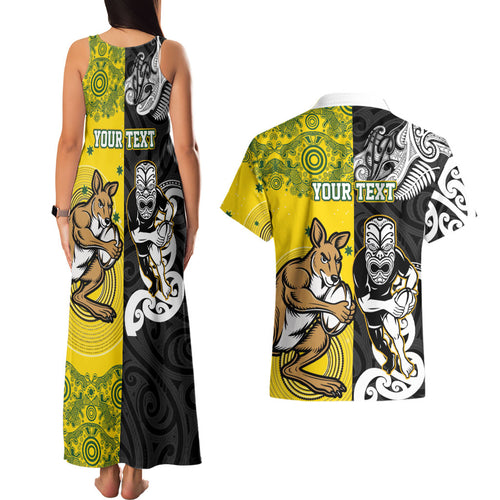 Aotearoa New Zealand and Australia Rugby Personalized Couples Matching Tank Maxi Dress and Hawaiian Shirt Maori Koru and Aboriginal Dot Art Cultural Heritage