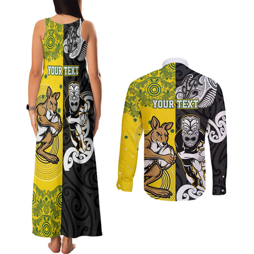Aotearoa New Zealand and Australia Rugby Personalized Couples Matching Tank Maxi Dress and Long Sleeve Button Shirt Maori Koru and Aboriginal Dot Art Cultural Heritage
