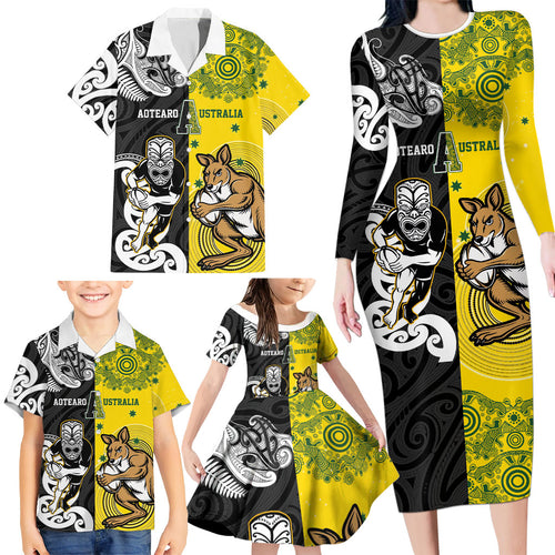 Aotearoa New Zealand and Australia Rugby Personalized Family Matching Long Sleeve Bodycon Dress and Hawaiian Shirt Maori Koru and Aboriginal Dot Art Cultural Heritage