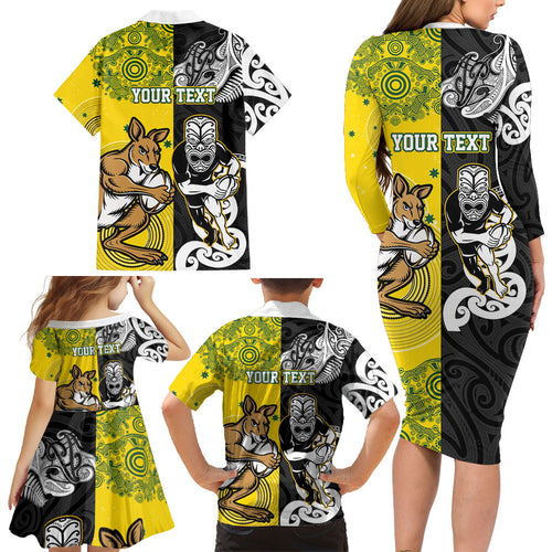 Aotearoa New Zealand and Australia Rugby Personalized Family Matching Long Sleeve Bodycon Dress and Hawaiian Shirt Maori Koru and Aboriginal Dot Art Cultural Heritage