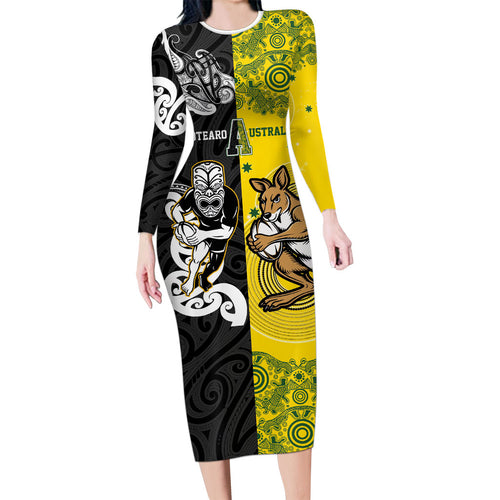 Aotearoa New Zealand and Australia Rugby Personalized Family Matching Long Sleeve Bodycon Dress and Hawaiian Shirt Maori Koru and Aboriginal Dot Art Cultural Heritage
