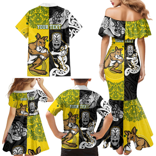 Aotearoa New Zealand and Australia Rugby Personalized Family Matching Mermaid Dress and Hawaiian Shirt Maori Koru and Aboriginal Dot Art Cultural Heritage