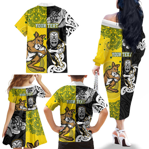 Aotearoa New Zealand and Australia Rugby Personalized Family Matching Off The Shoulder Long Sleeve Dress and Hawaiian Shirt Maori Koru and Aboriginal Dot Art Cultural Heritage