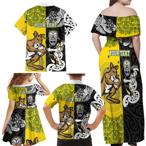Aotearoa New Zealand and Australia Rugby Personalized Family Matching Off Shoulder Maxi Dress and Hawaiian Shirt Maori Koru and Aboriginal Dot Art Cultural Heritage