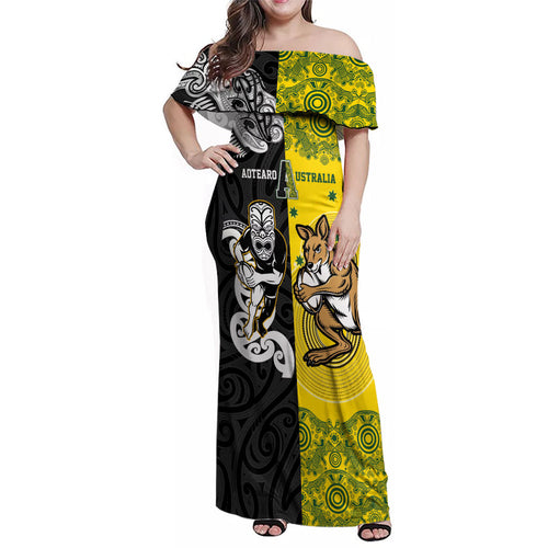 Aotearoa New Zealand and Australia Rugby Personalized Family Matching Off Shoulder Maxi Dress and Hawaiian Shirt Maori Koru and Aboriginal Dot Art Cultural Heritage