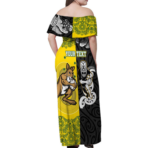 Aotearoa New Zealand and Australia Rugby Personalized Family Matching Off Shoulder Maxi Dress and Hawaiian Shirt Maori Koru and Aboriginal Dot Art Cultural Heritage