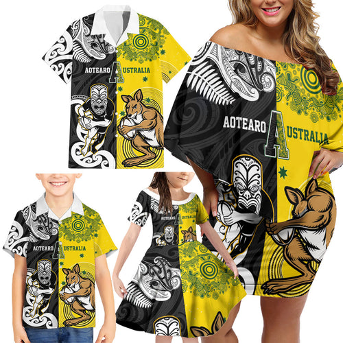Aotearoa New Zealand and Australia Rugby Personalized Family Matching Off Shoulder Short Dress and Hawaiian Shirt Maori Koru and Aboriginal Dot Art Cultural Heritage