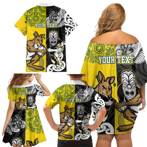 Aotearoa New Zealand and Australia Rugby Personalized Family Matching Off Shoulder Short Dress and Hawaiian Shirt Maori Koru and Aboriginal Dot Art Cultural Heritage