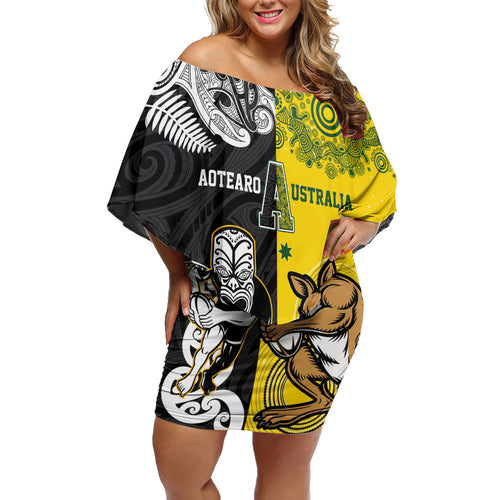 Aotearoa New Zealand and Australia Rugby Personalized Family Matching Off Shoulder Short Dress and Hawaiian Shirt Maori Koru and Aboriginal Dot Art Cultural Heritage