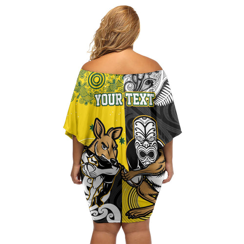 Aotearoa New Zealand and Australia Rugby Personalized Family Matching Off Shoulder Short Dress and Hawaiian Shirt Maori Koru and Aboriginal Dot Art Cultural Heritage
