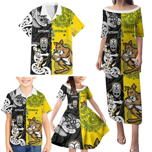 Aotearoa New Zealand and Australia Rugby Personalized Family Matching Puletasi and Hawaiian Shirt Maori Koru and Aboriginal Dot Art Cultural Heritage