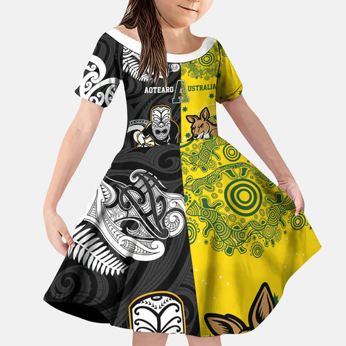 Aotearoa New Zealand and Australia Rugby Personalized Family Matching Short Sleeve Bodycon Dress and Hawaiian Shirt Maori Koru and Aboriginal Dot Art Cultural Heritage