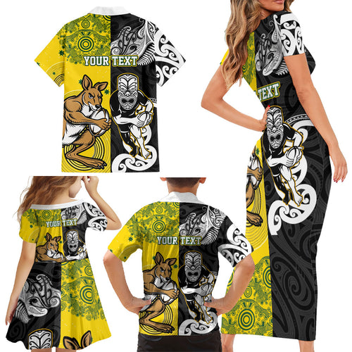 Aotearoa New Zealand and Australia Rugby Personalized Family Matching Short Sleeve Bodycon Dress and Hawaiian Shirt Maori Koru and Aboriginal Dot Art Cultural Heritage