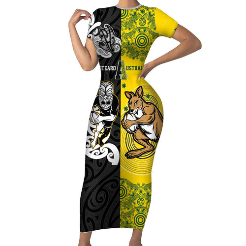 Aotearoa New Zealand and Australia Rugby Personalized Family Matching Short Sleeve Bodycon Dress and Hawaiian Shirt Maori Koru and Aboriginal Dot Art Cultural Heritage