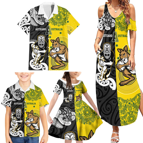 Aotearoa New Zealand and Australia Rugby Personalized Family Matching Summer Maxi Dress and Hawaiian Shirt Maori Koru and Aboriginal Dot Art Cultural Heritage